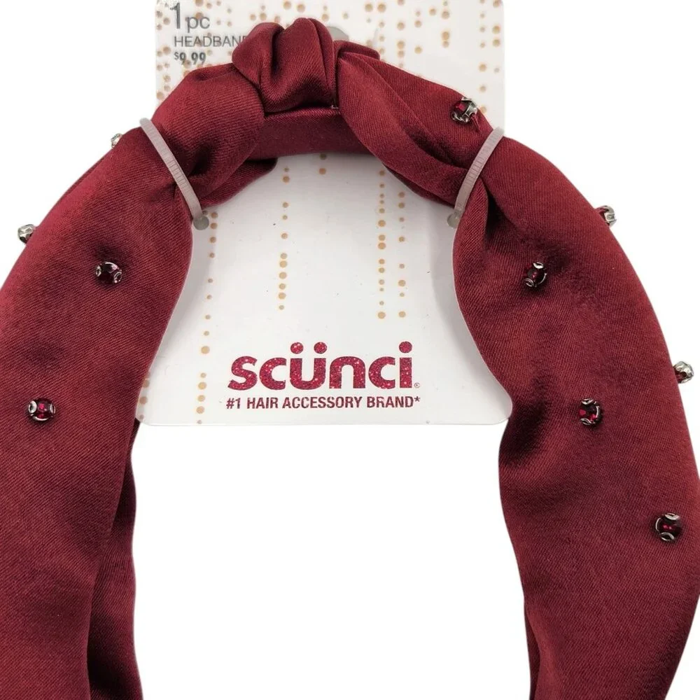 Scunci Hair Headband‎ Womens 1 Pc Red Deep Rose Color Jewels Satin Fabric
